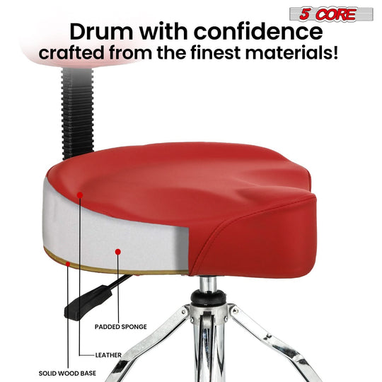 Red padded drummer seat with back support for guitar and drums