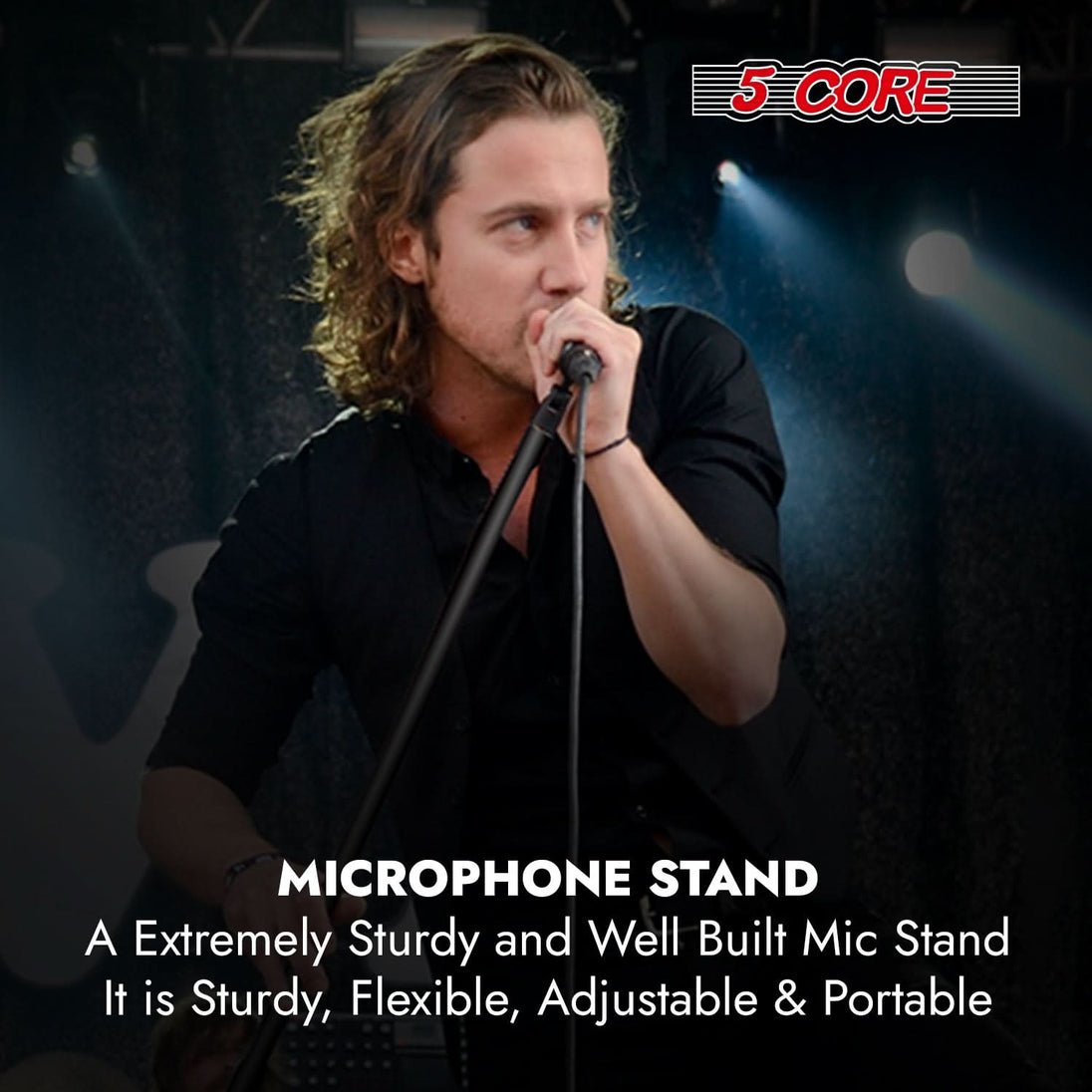 5 Core mic stand featuring sturdy round base and adjustable height for microphones