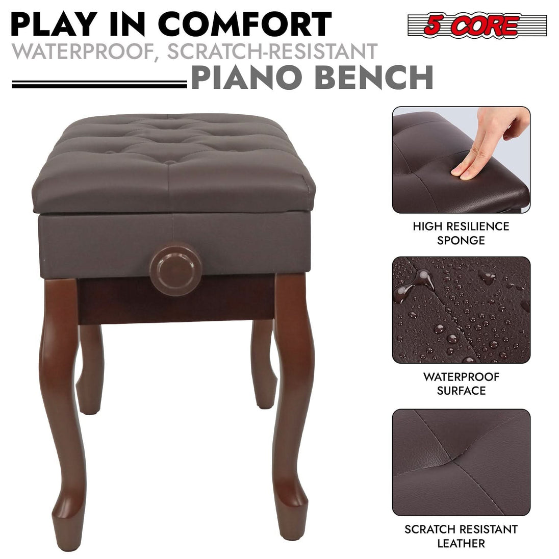 Heavy-duty brown piano bench with wooden frame, adjustable height, and storage compartment