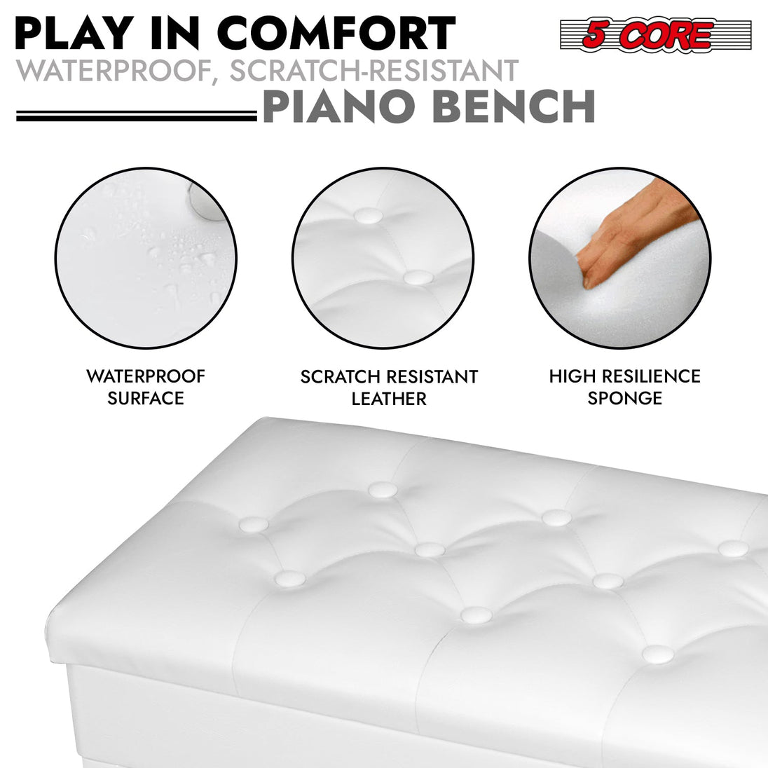 Heavy-duty white piano bench with wooden frame, adjustable height, and storage compartment