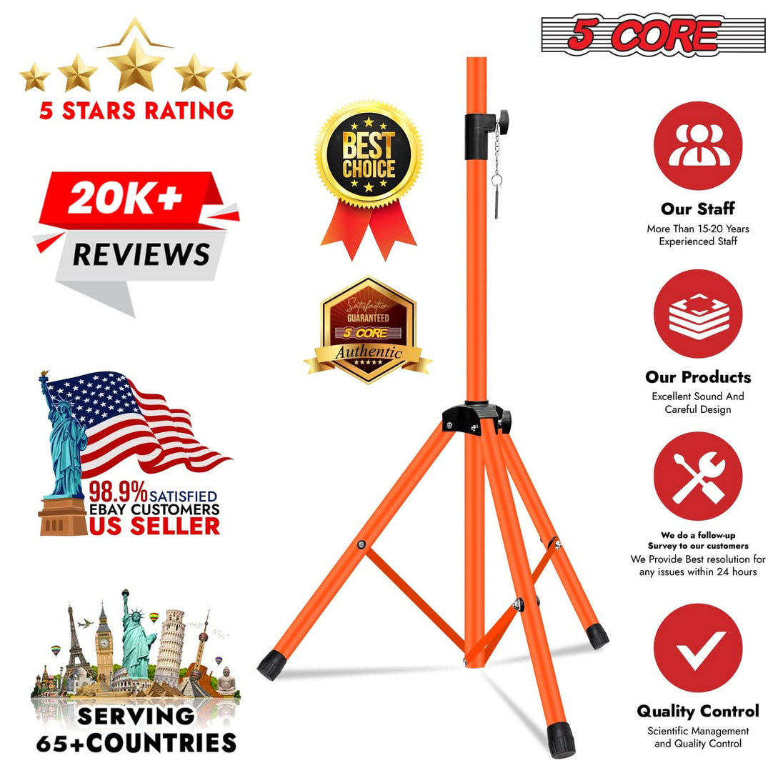 Heavy-duty adjustable orange speaker stand tripod pair for DJ studio monitors