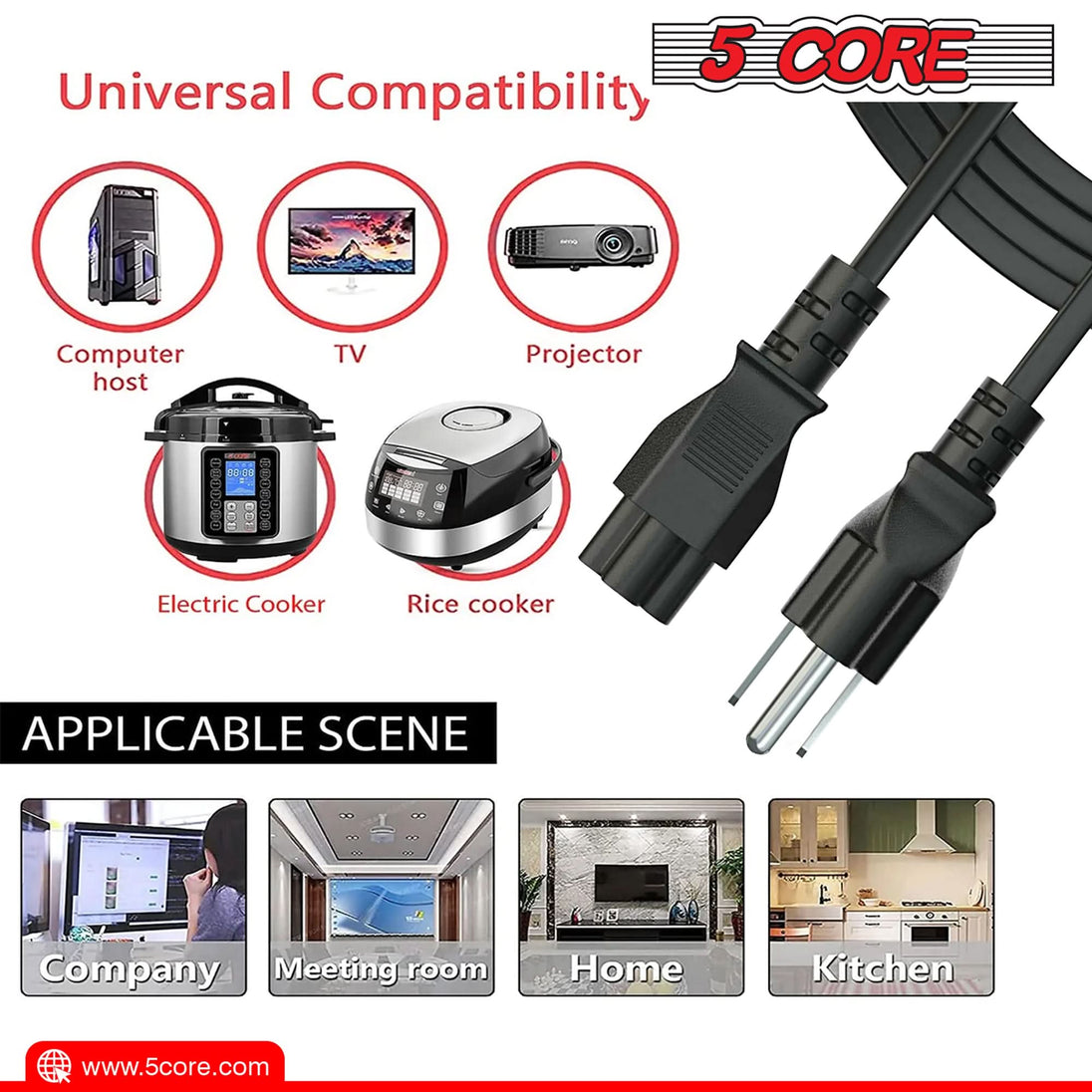 10 ft black power cord with male to female US plugs