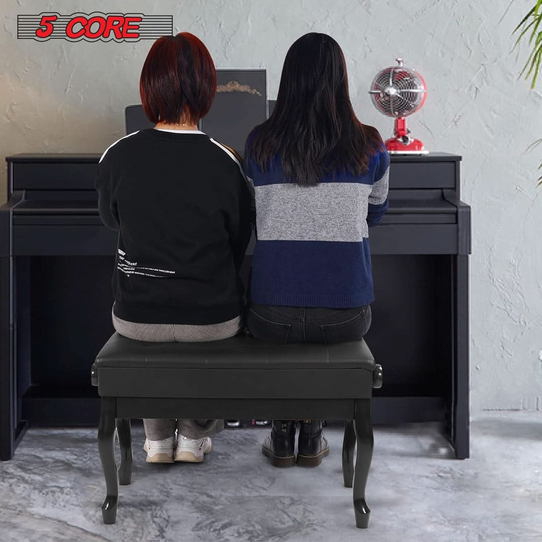 Durable black piano bench with adjustable height and storage space for keyboard accessories