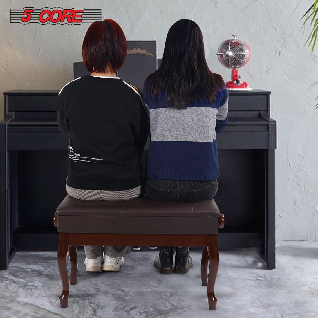 Wooden keyboard stool in brown with height adjustment and built-in storage