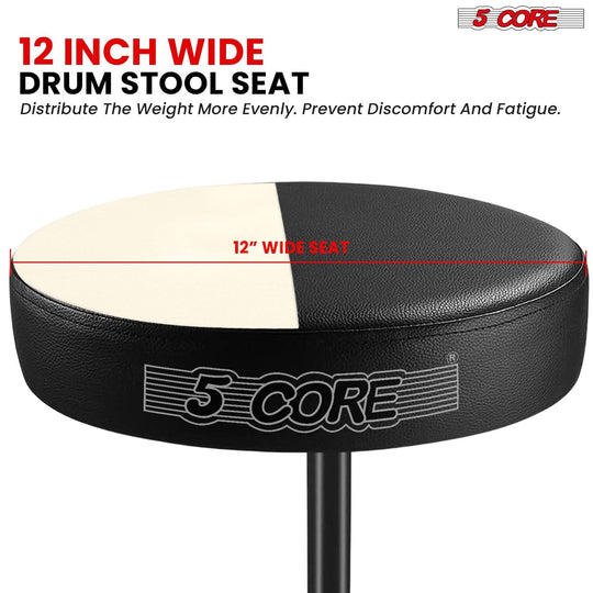 Drum seat with a wide design for extra comfort and support, making it a sturdy and reliable drum chair for musicians.