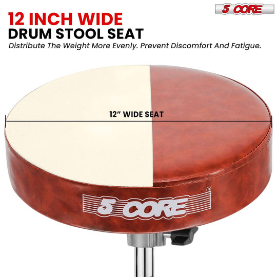 Padded stool with a wide seat, ergonomic design, and a heavy-duty tripod base for long drumming sessions.