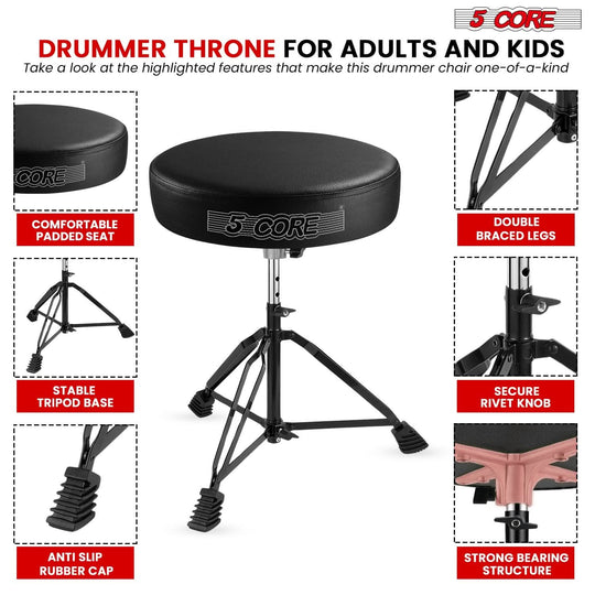Adjustable padded drum throne guitar stool in black for adults and kids