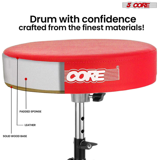 Adjustable red padded drum throne for adults and kids