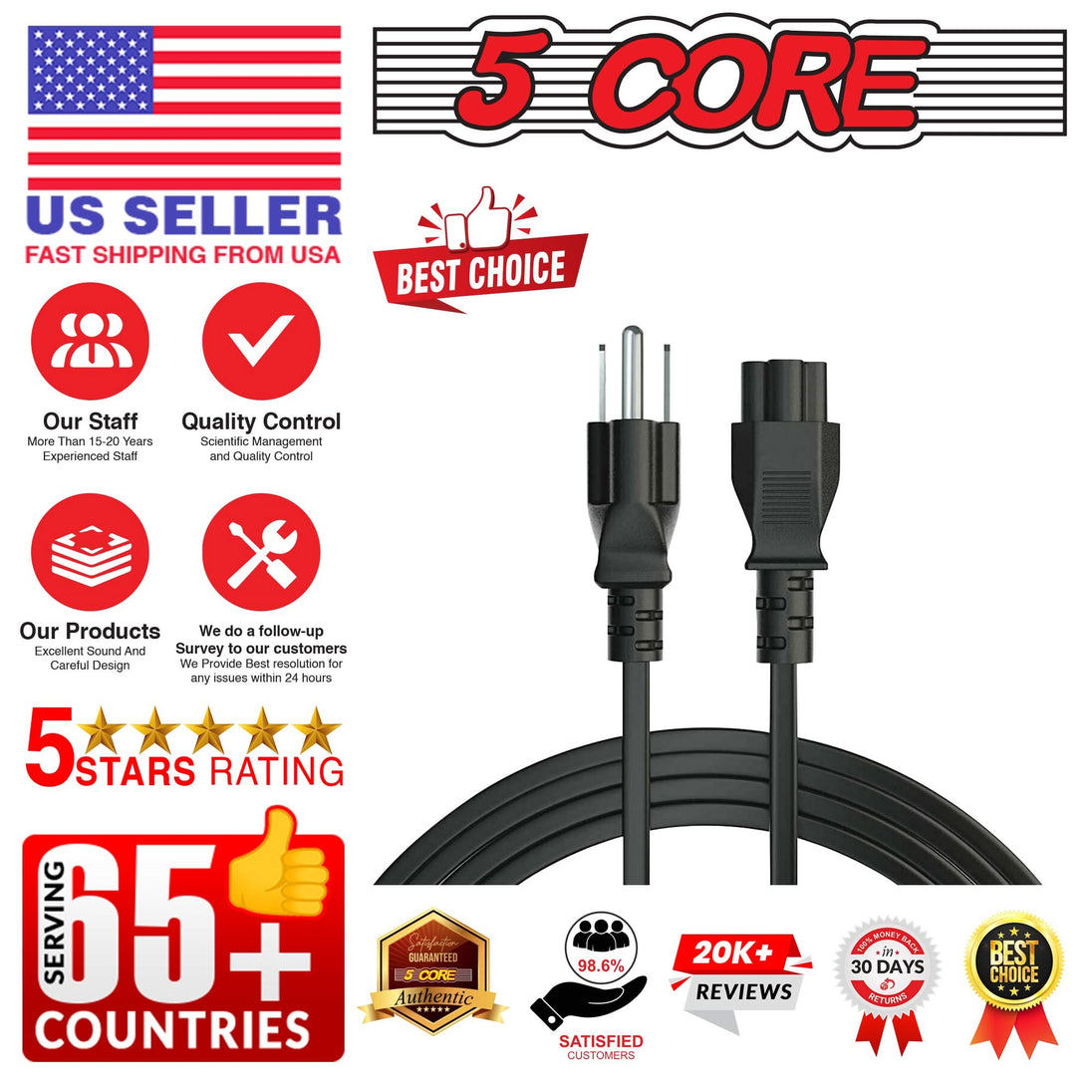 5Core black extension cable with strong 10 ft length