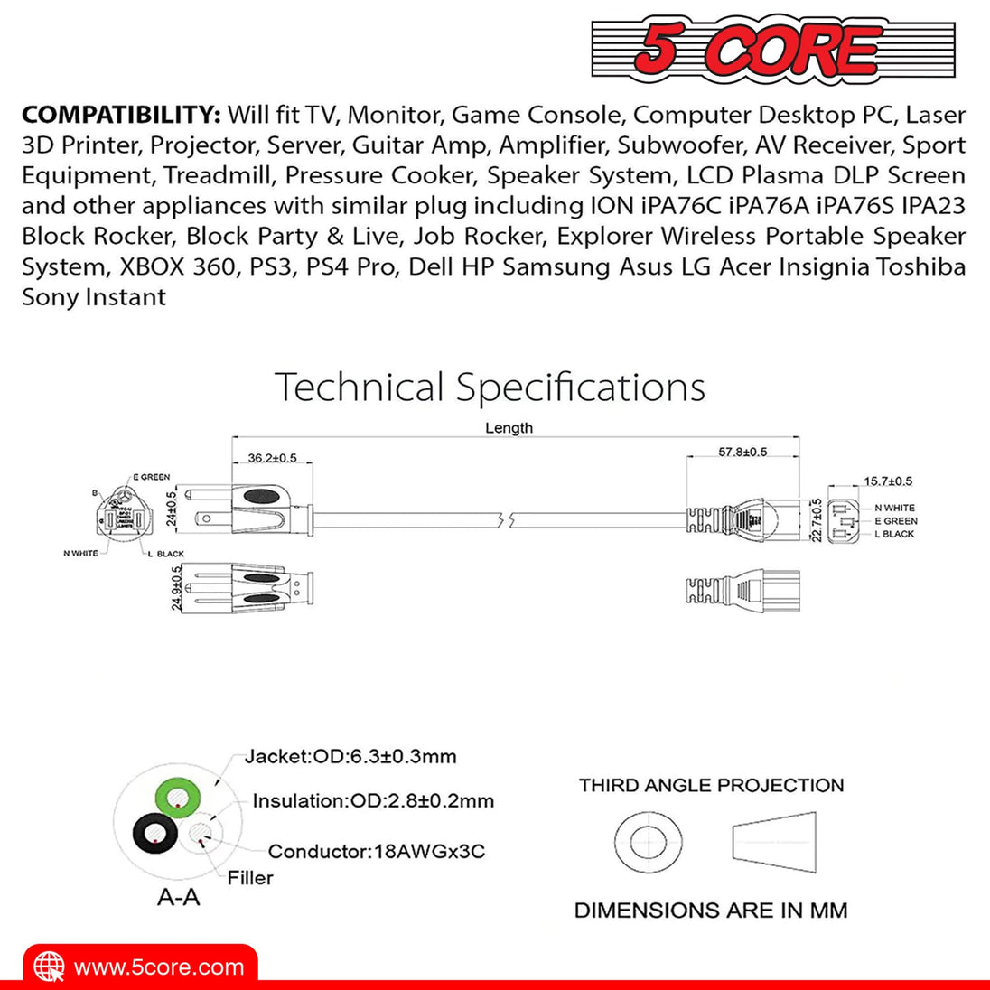 Light-duty AC cable for indoor appliances