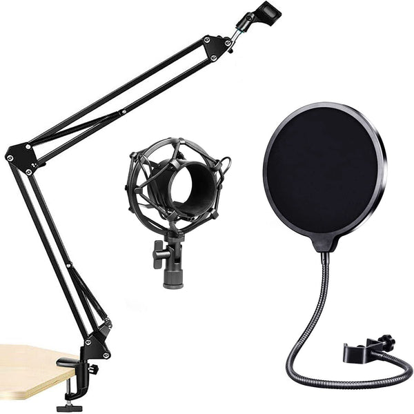 5 Core Microphone Stand Suspension Scissor Arm w Pop Filter Shock Mount Mic Holder