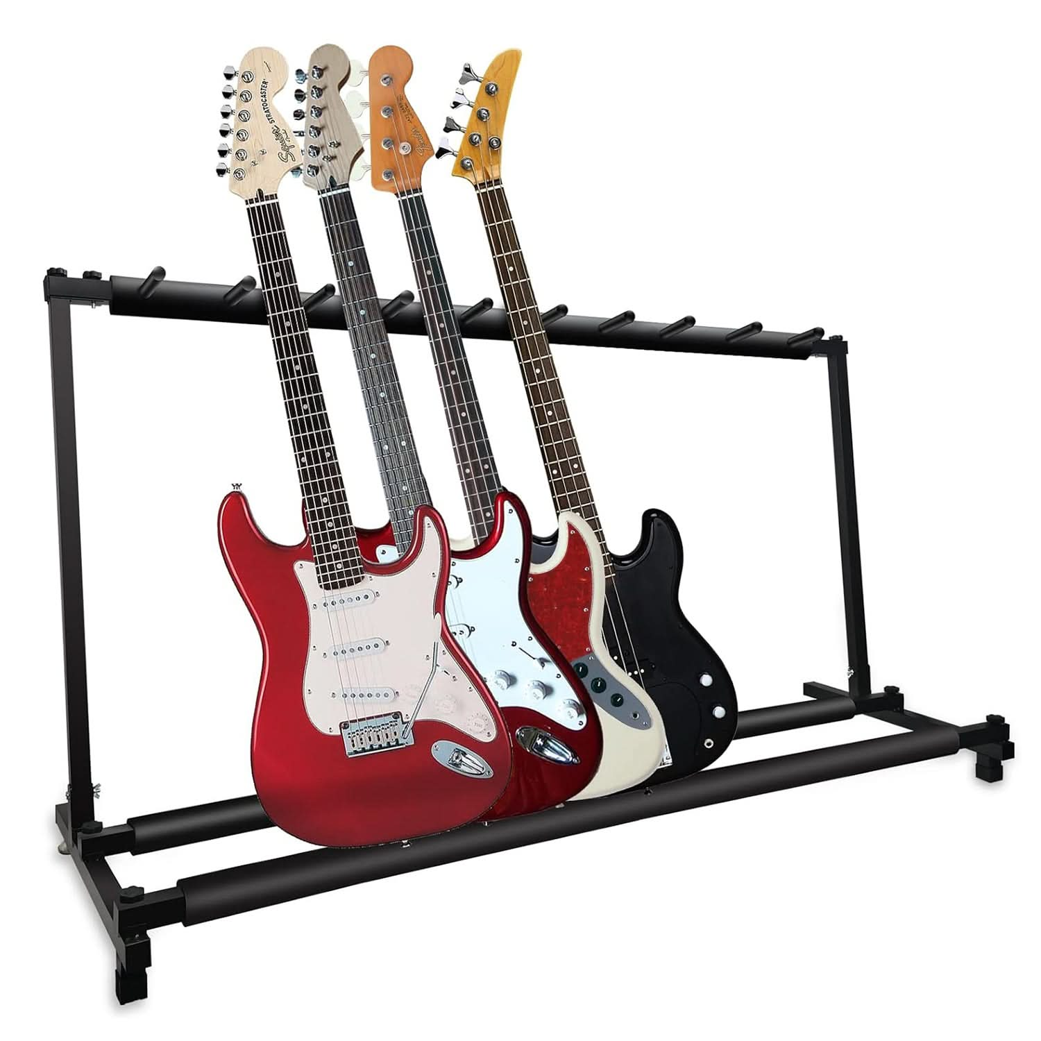 5 Core guitar rack with electric guitar stand and bass accessories for versatile storage.