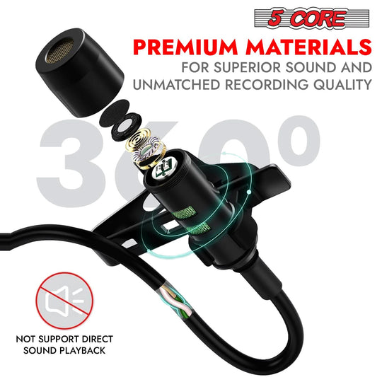 5Core clip-on lavalier mic, 3.5mm omnidirectional lapel microphone for professional use