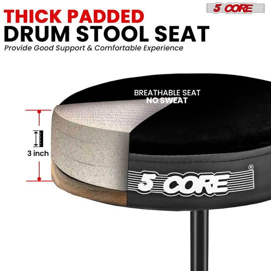 Thick padded drum throne designed to provide extra cushioning and support for drummers.