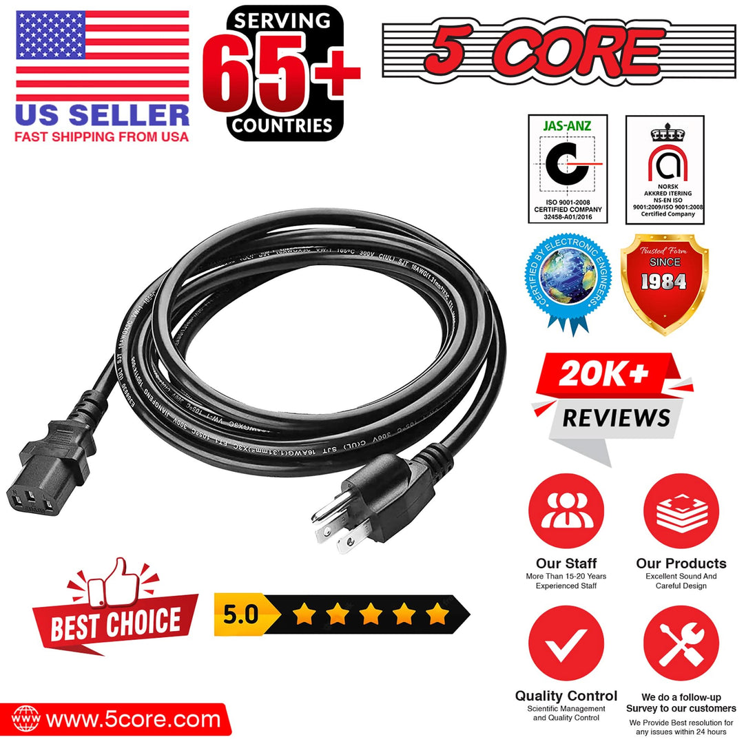6 ft black power cord with 2 prong plug