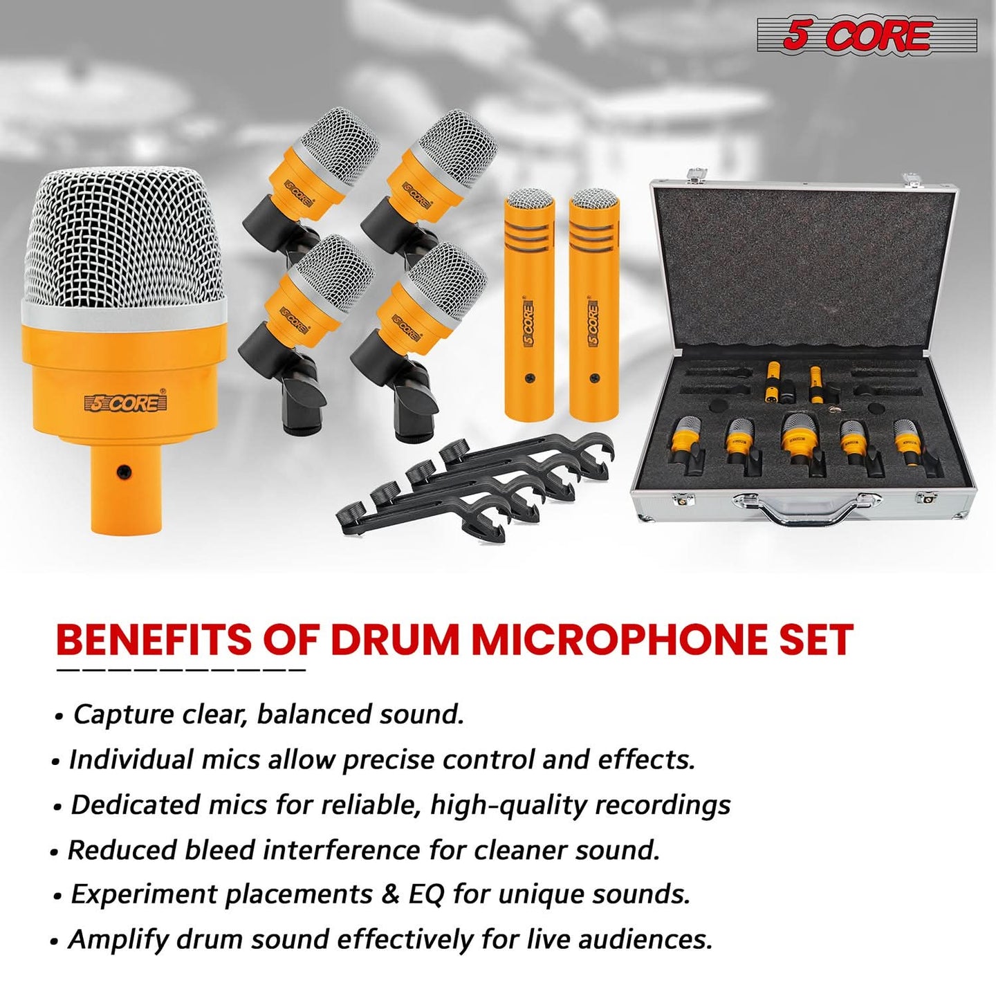 5 Core Drum Mic Set: 7 dynamic mics for accurate drum sound capture.