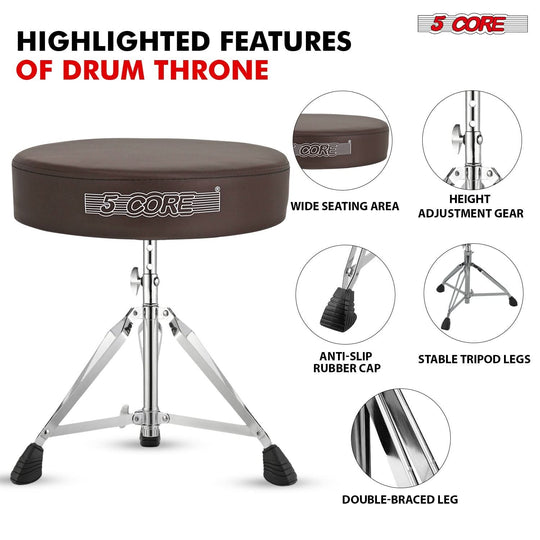 Comfortable drum chair featuring a thick cushioned seat, strong base, and adjustable height for extended sessions.