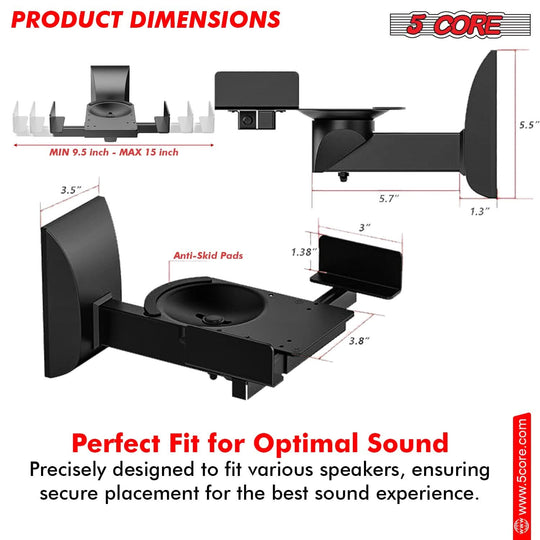5Core 15-inch speaker wall mount, adjustable swivel, space bookshelf brackets, pair
