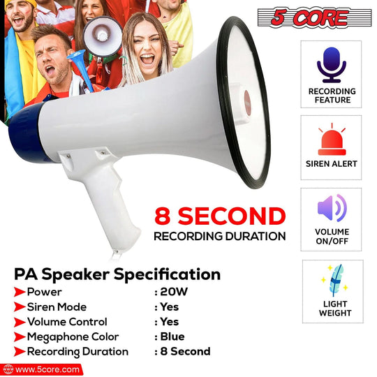 Plastic megaphone with loudspeaker, mini megaphone, and blow horn.