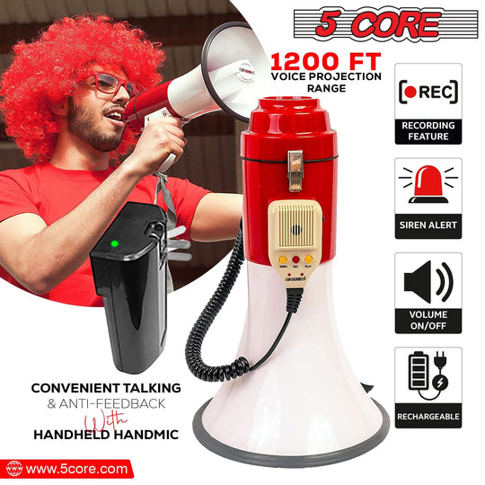 Bullhorn with siren and megaphone rechargeable battery for loud speaker with microphone.