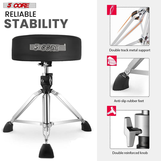 5Core black drum throne, padded adjustable stool for guitar, drummer seat for adults & kids
