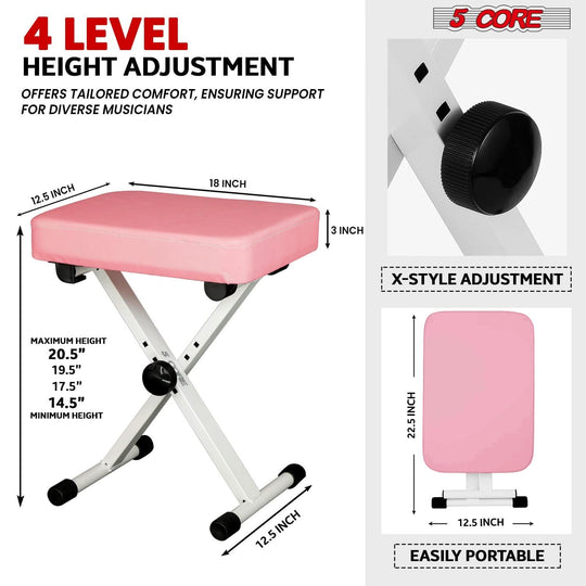 5 Core piano stool featuring sturdy X frame and adjustable seat height