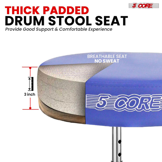 Adjustable height drum seat featuring thick foam padding and a heavy-duty base.