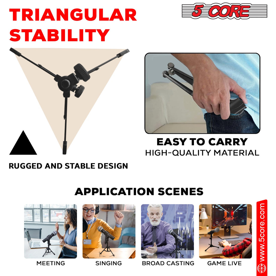 5 Core Desk Mic Stand Height Adjustable Desktop Microphone Stands Metal Tripod Portable Foldable