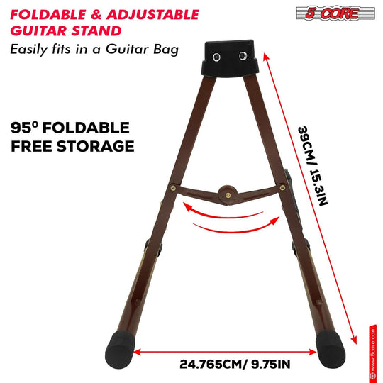 Side view of 5Core brown guitar stand with rubber grips and foldable legs