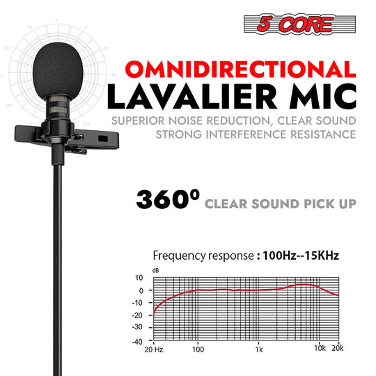 5Core 3.5mm lavalier microphone, clip-on lapel mic with omnidirectional audio capture