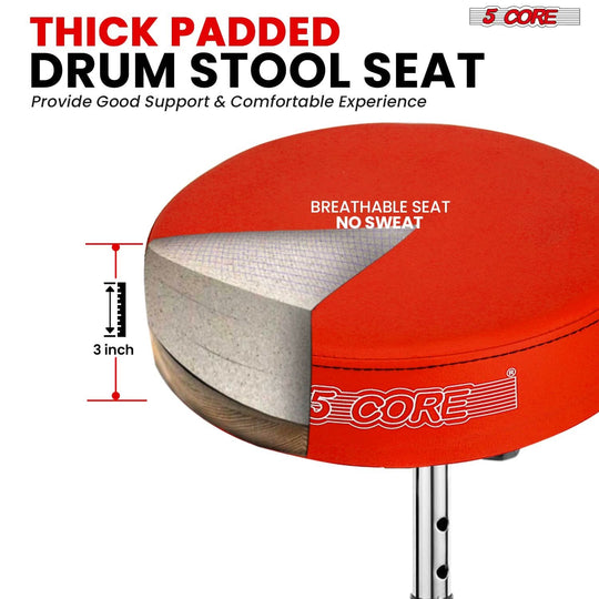Drum seat designed for stability, offering a customizable height setting and a well-cushioned seat.
