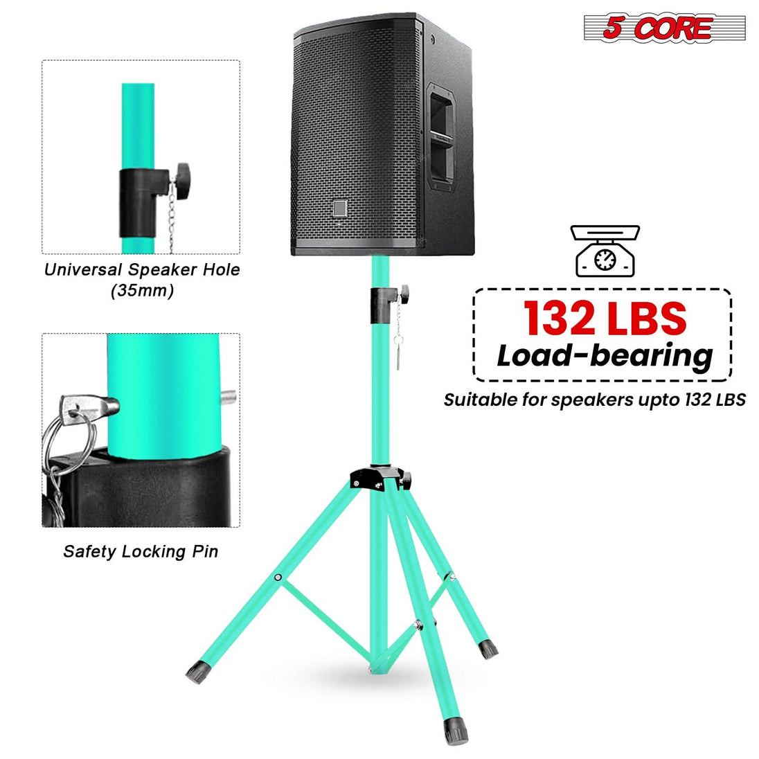 5 Core Speaker Stand Adjustable 31 to 54" PA DJ Tripod Stands Heavy Duty w 35mm Insert 132 Lbs
