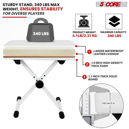 5Core adjustable white keyboard bench, X style piano stool with heavy duty frame