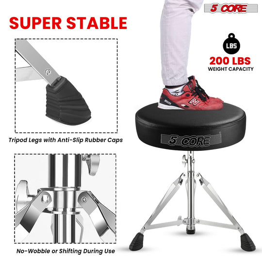 Sturdy drum seat featuring a wide cushioned seat, durable build, and adjustable height for drumming ease.