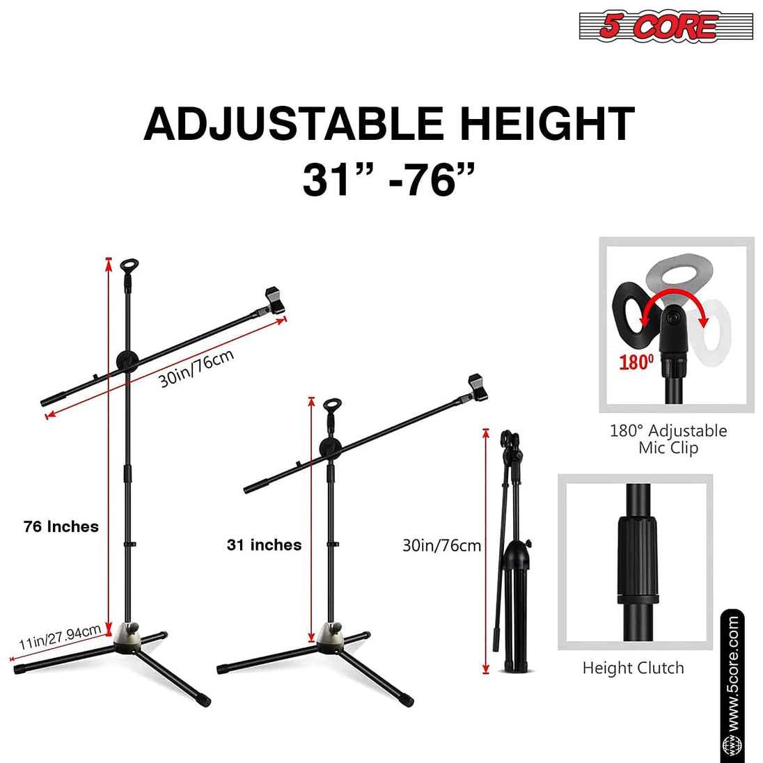 The mic stand features adjustable height for versatile and precise sound positioning