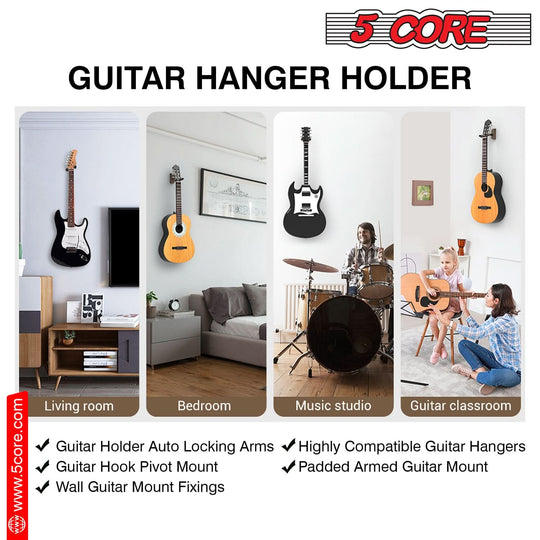 Display Wall Hook Holder for Guitars - 5 Core Adjustable Hangers with Hardwood Base"