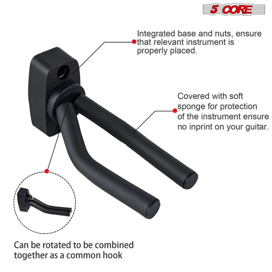 5 Core Wall Hook for Guitars - Soft Padded Mount Hangers with Screws