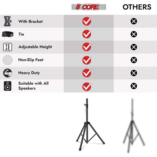 5Core 48-inch adjustable speaker stand, tripod floor mount, black, DJ studio monitor stands, pole mount pair
