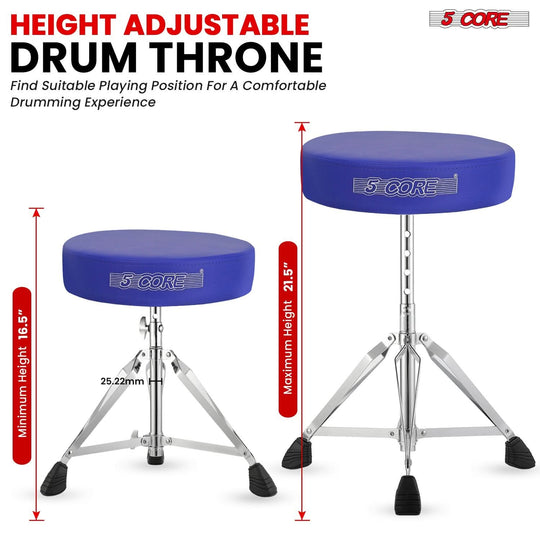 Secure lock drum throne featuring a 5-position adjustable height system for stability and safety while playing.