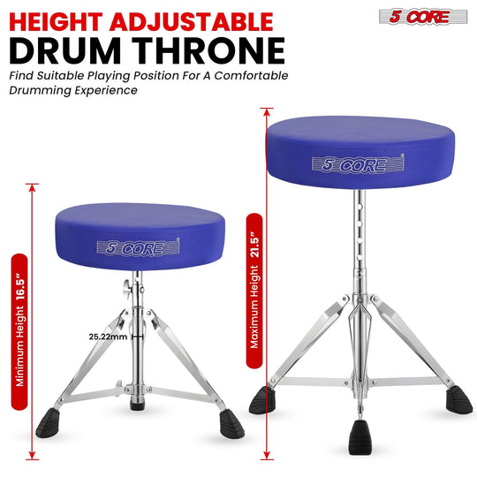 Secure lock drum throne featuring a 5-position adjustable height system for stability and safety while playing.