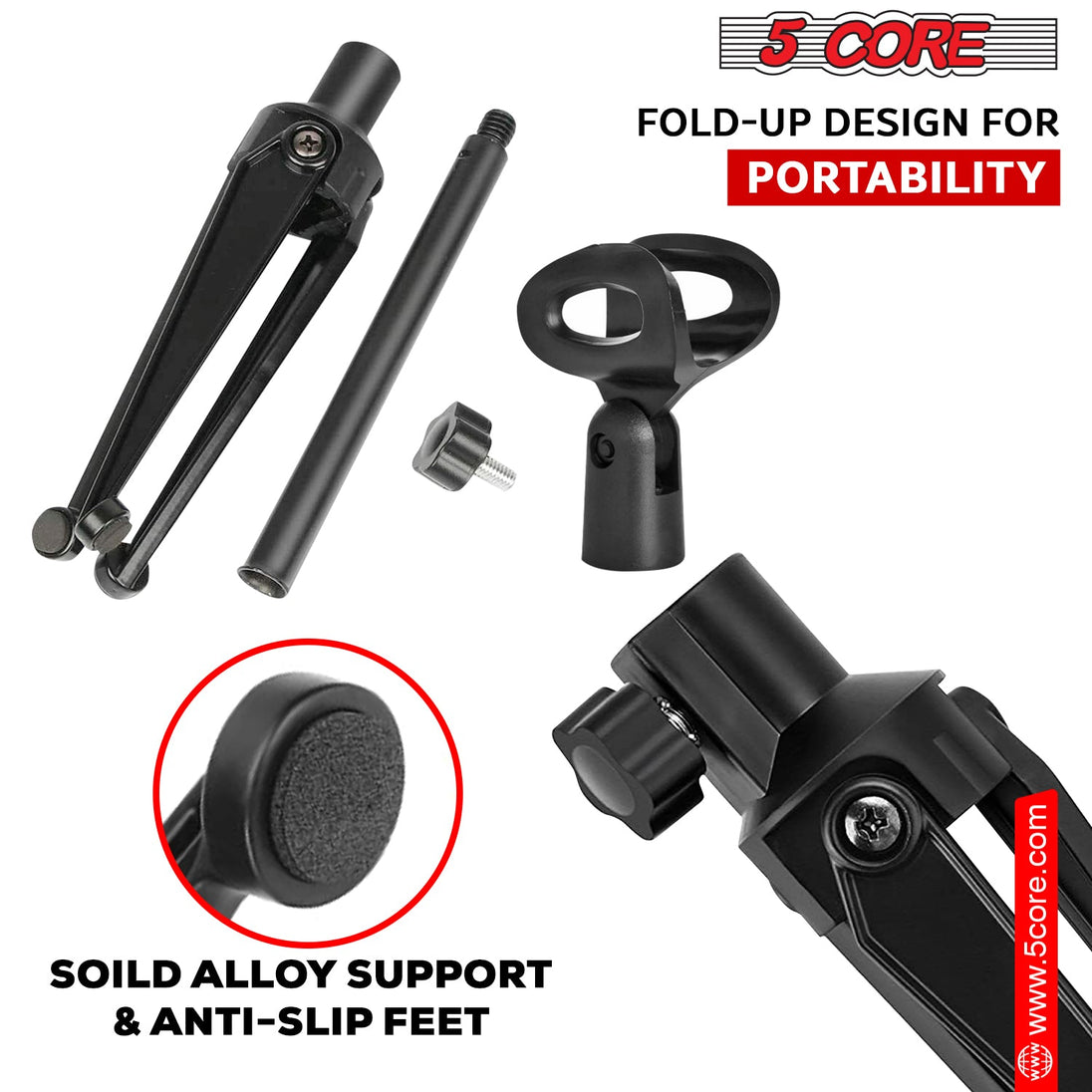 5 Core Desk Mic Stand Height Adjustable Desktop Microphone Stands Metal Tripod Portable Foldable