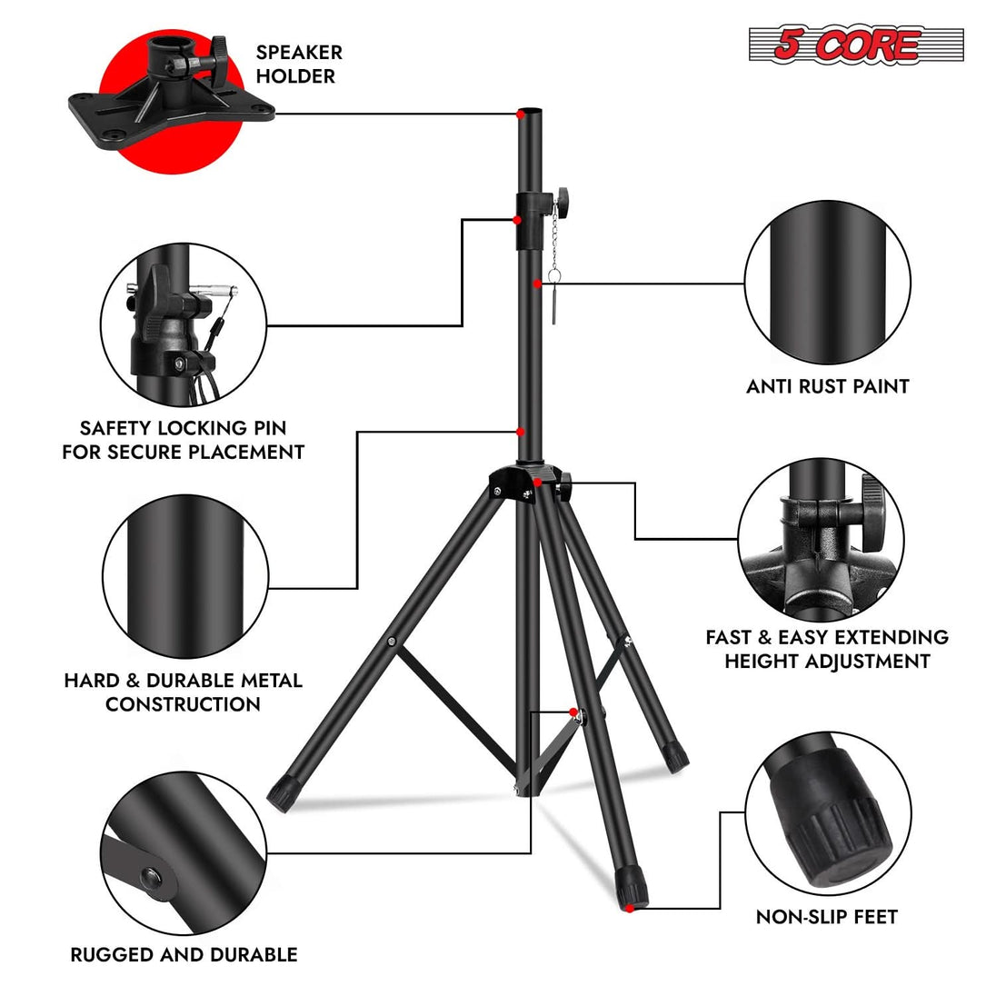 5Core black speaker stand, tripod adjustable up to 48 inches, DJ studio monitor stands, pair