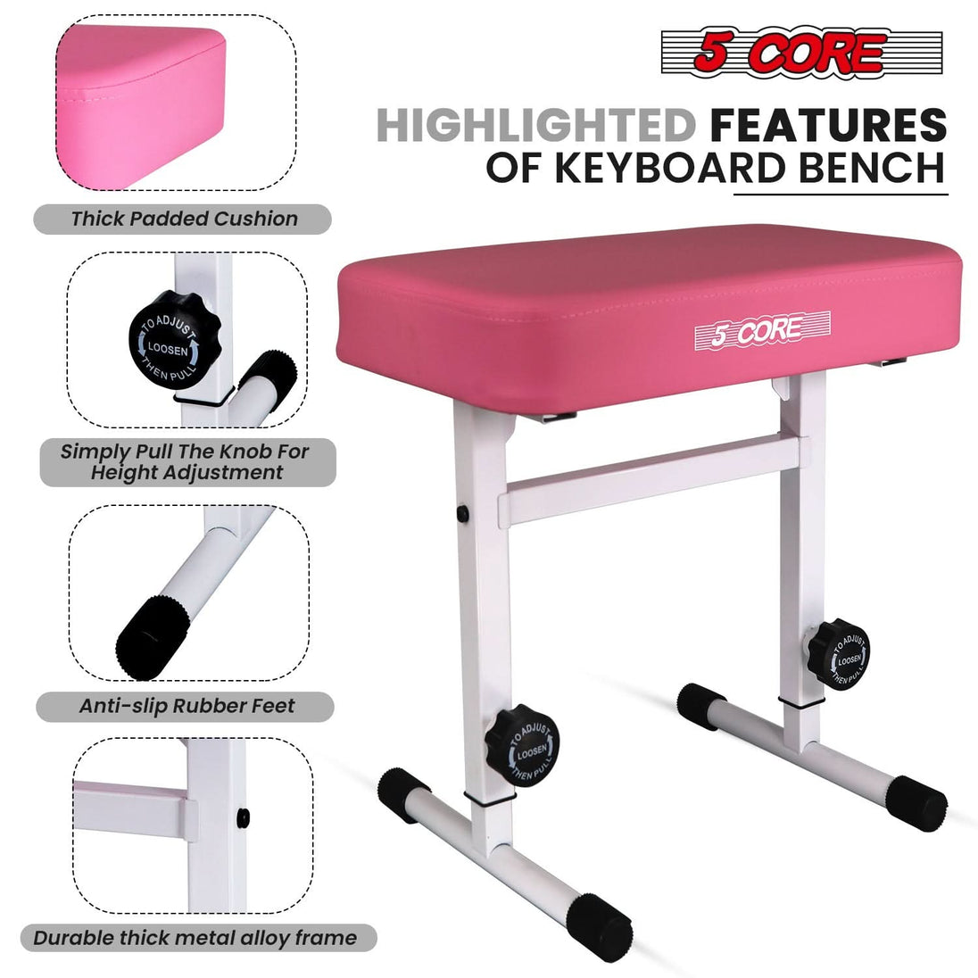 Adjustable height, thick padded cushion, durable build, non-slip feet, and versatile sleek design.