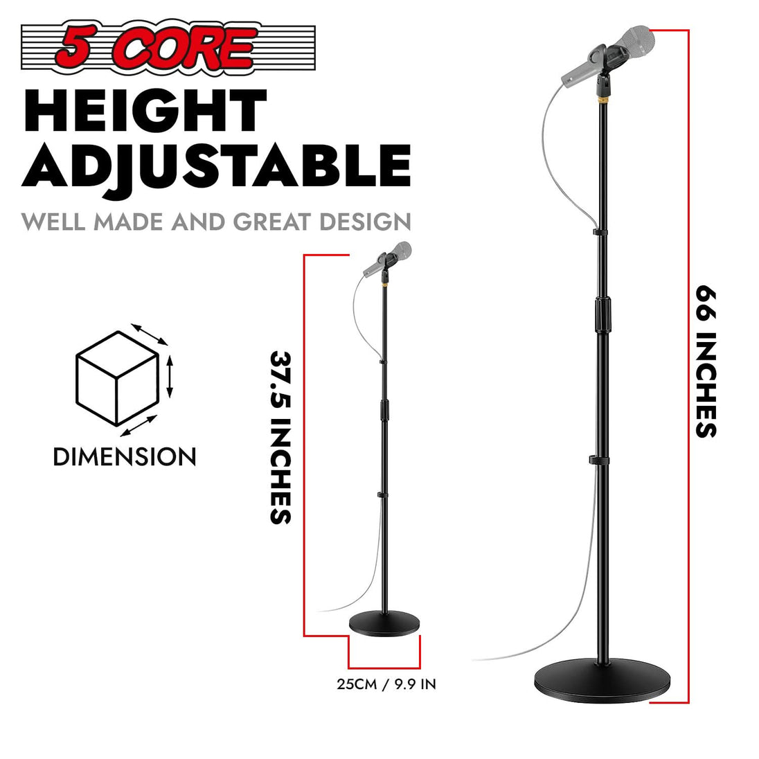 5Core sturdy mic stand with round base and adjustable height for stability