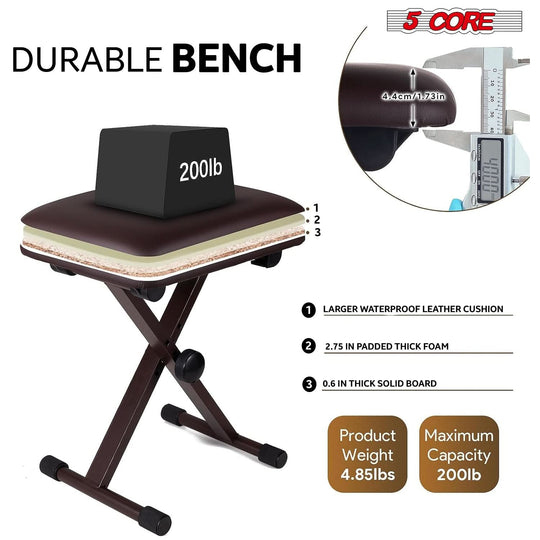 5Core padded keyboard stool, adjustable X style piano bench