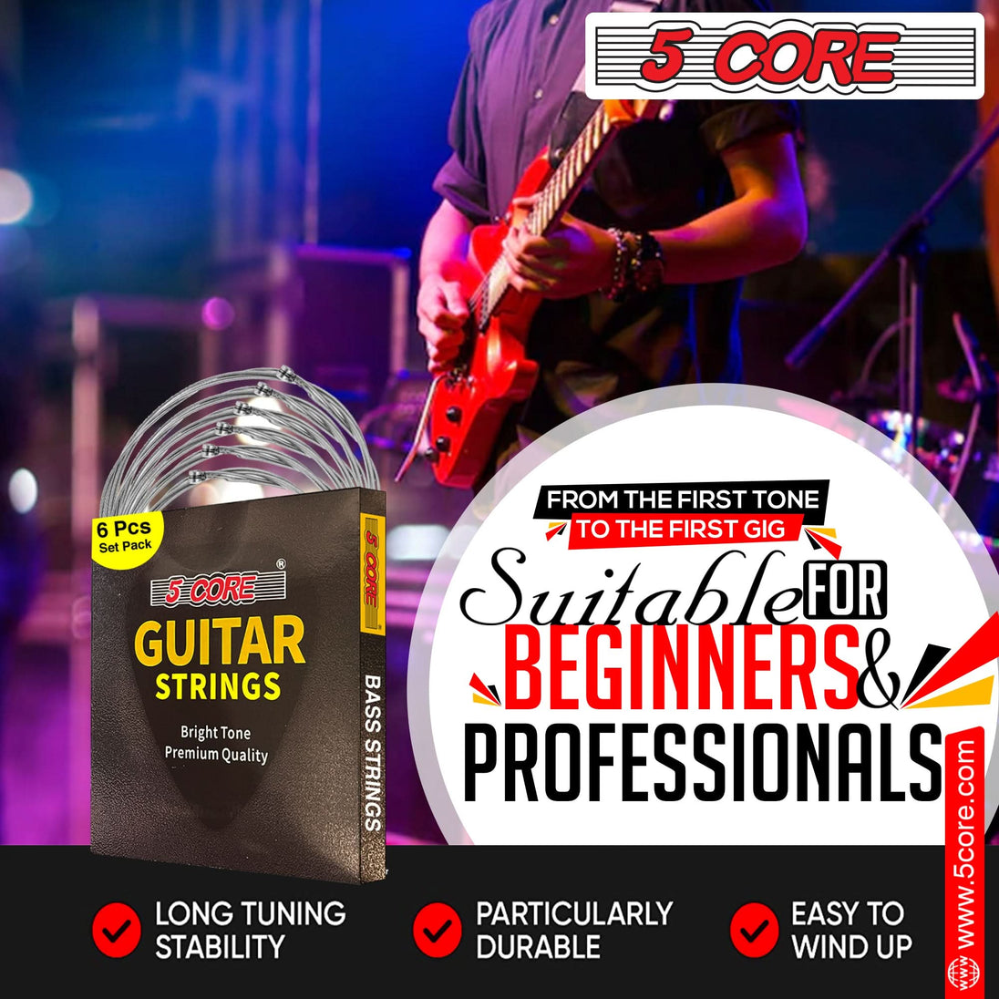 Six-piece bass string set for electric guitars