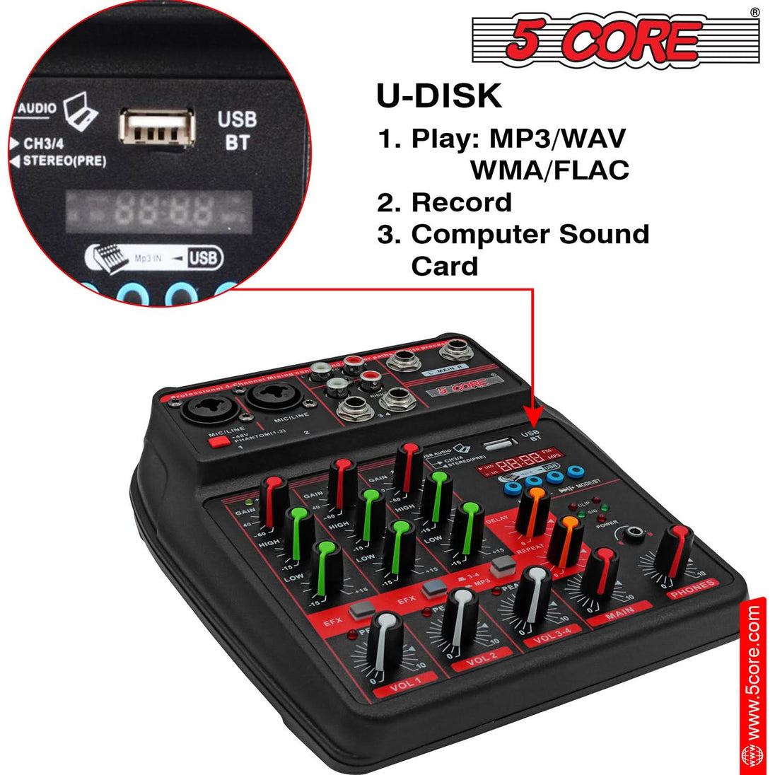 Connect your U-disk to the 4-channel mixer for seamless audio playback and mixing