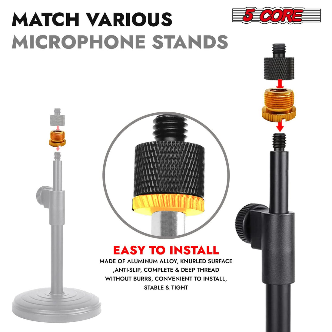 5Core 5/8 to 3/8 male-female screw thread mic stand adapter