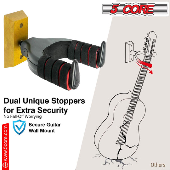 Guitar Display Wall Hook Holder by 5 Core - Adjustable Hardwood Base