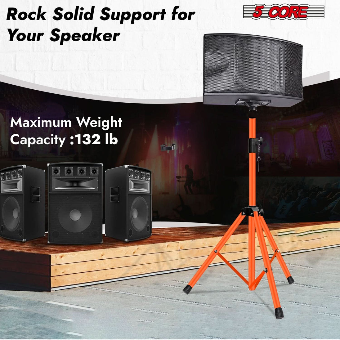 Low-profile 5Core speaker stand in orange with stable tripod base